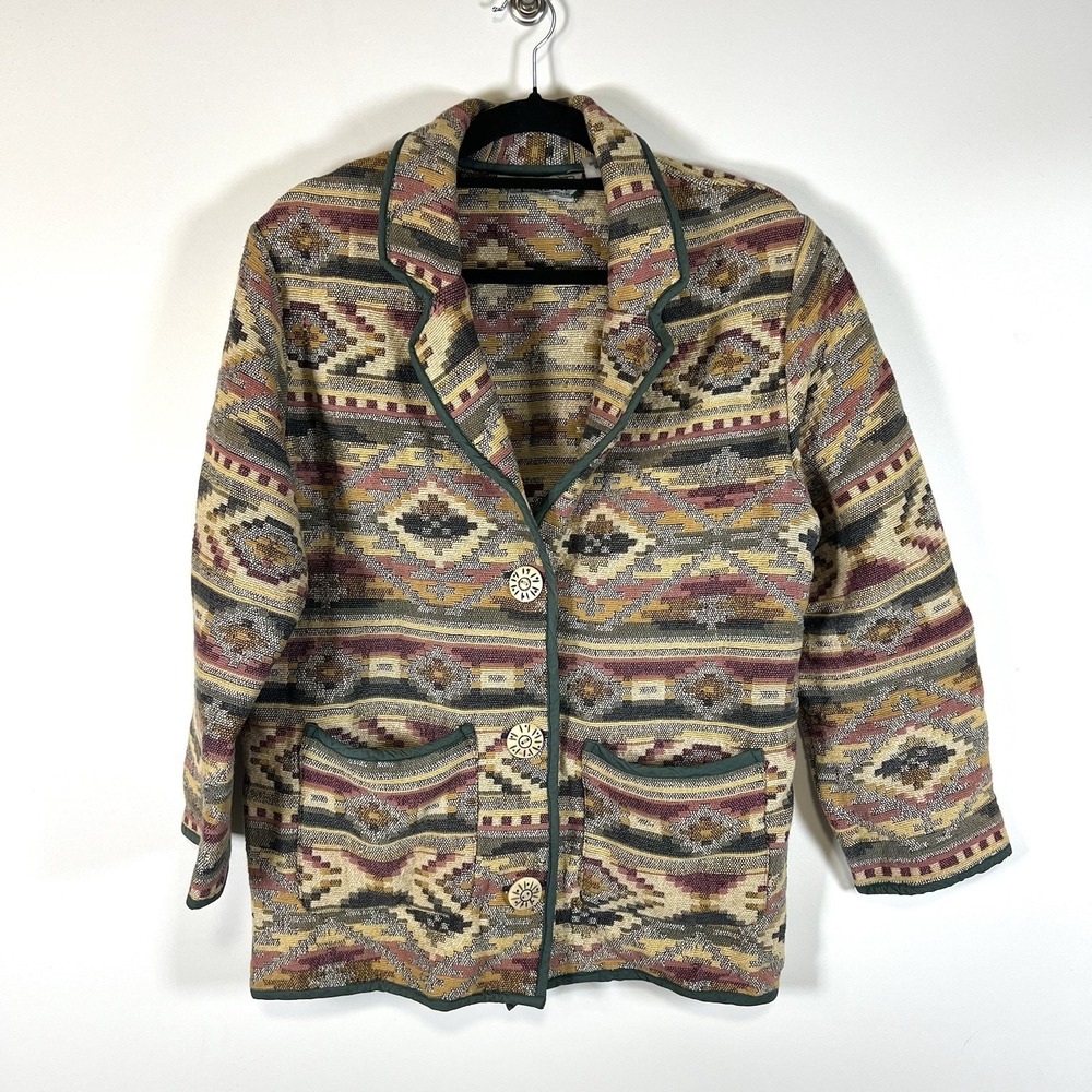 HABAND VTG 90'S AZTEC KNIT WOMENS LARGE BUTTON JACKET ‎ Western Boho Multicolor